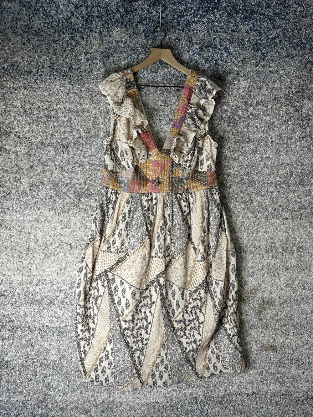 Let Me Be Dress Womens XL Multicolor Patchwork Cotton Midi Ruffle Sundress Boho